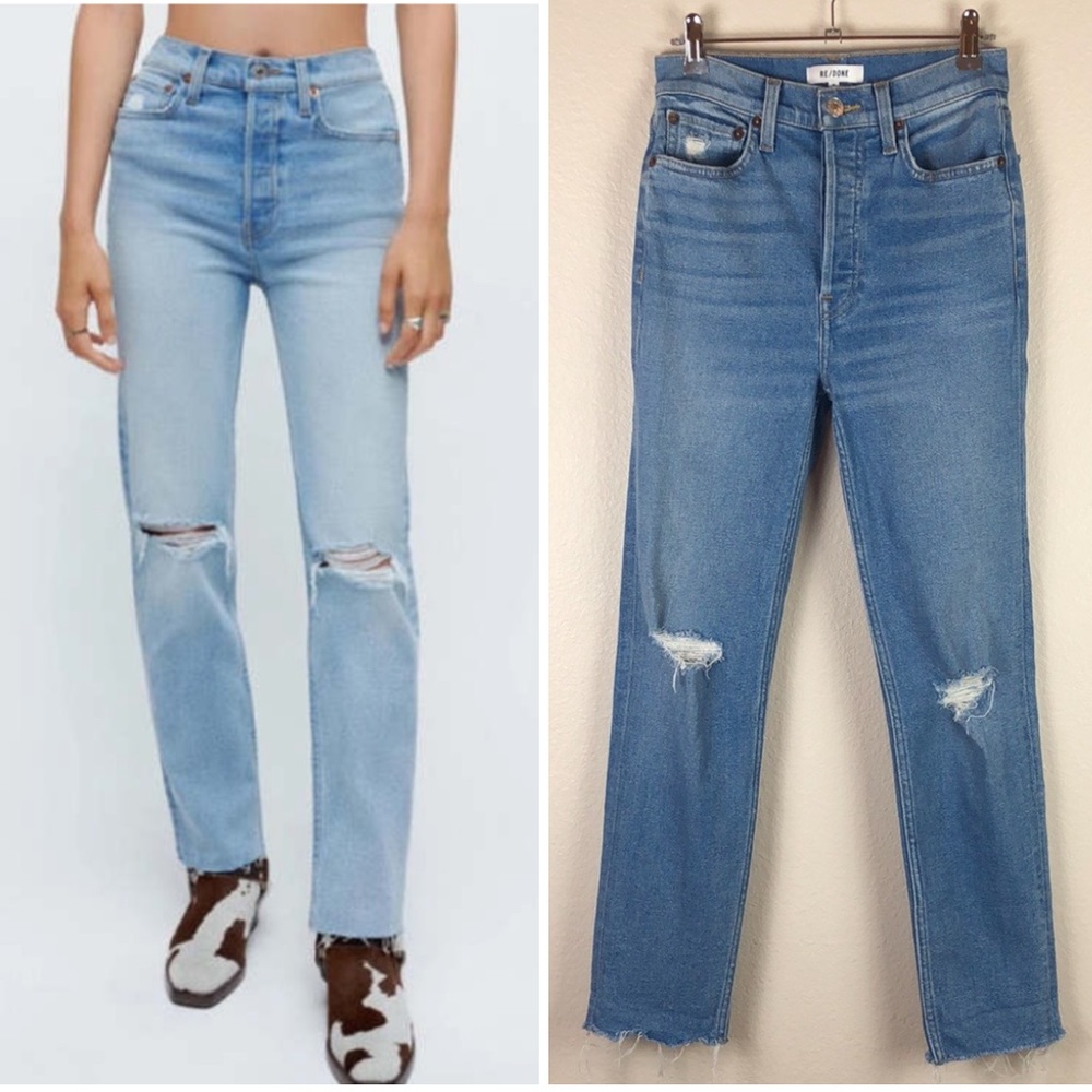 Re/Done High Rise Distressed Raw Hem Stretch Jeans Sz 26